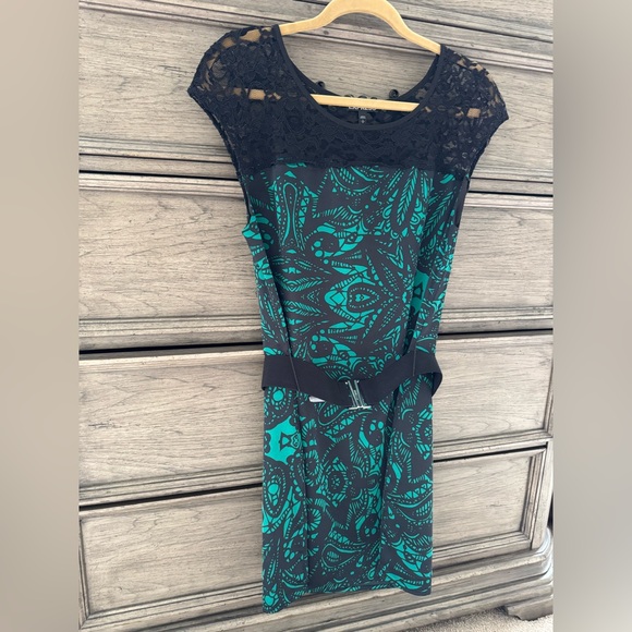 Express Floral Silk Dress EUC Black Green Paisley Lace Belted Sheath Y2k Satin - Picture 10 of 15